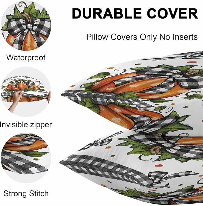 Orange Pumpkins Outdoor Waterproof Pillow Covers, Polka Dot Bow Fall Maple Leaves Plaid Decorative Square Throw Pillowcase Sofa Cushion Sham for Patio/Couch/Chair, 26"x26" 2 Pack
