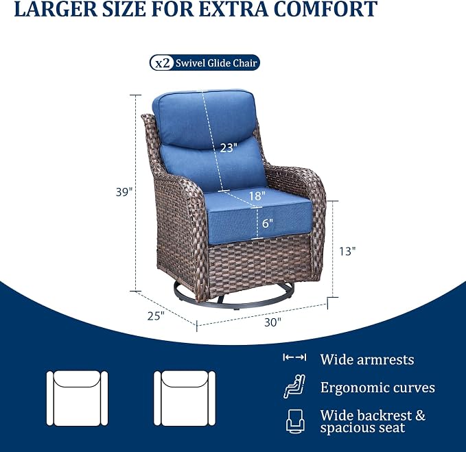 Luxury Swivel Rocker Chairs Set with 6" Thick Cushion - Wicker Outdoor Swivel Rocker Patio Chair High Back Comfortable Outdoor patio furniture set Glider Chairs set - Brown Wicker | Blue Cushions