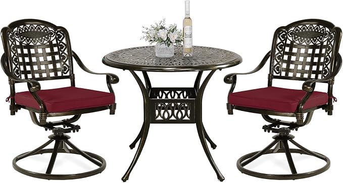 VIVIJASON 3-Piece Patio Bistro Set, Outdoor All-Weather Cast Aluminum Furniture Dining Set, Include 2 Swivel Chairs and 34.5" Round Table w/Umbrella Hole for Balcony, Lawn, Garden (Red Cushion)