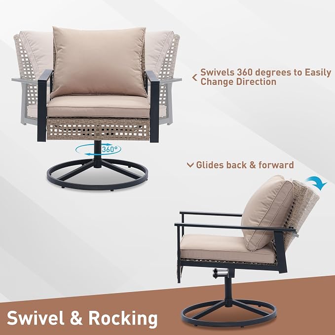 Ainfox Patio Furniture Set 4 Pieces, Patio Wicker Rattan Swivel Rocker, Outdoor Swivel Rocking Chairs Set with Loveseat, Garden Conversation Bistro Sets for Porch, Pool, Backyard Khaki