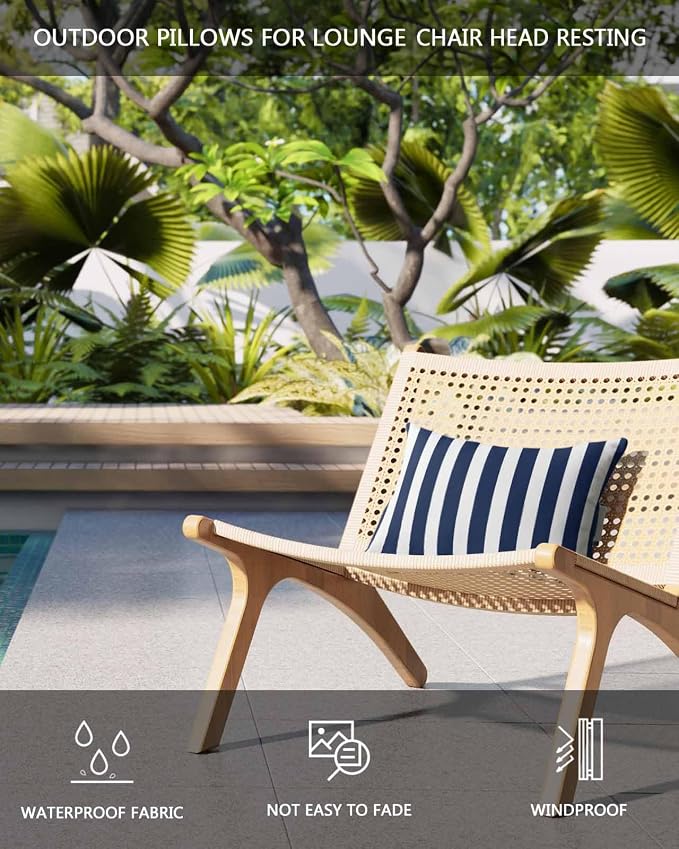 DecorLovee Navy Blue Striped Outdoor Recliner Pillows for Head, Farmhouse Waterproof Chair Pillow with Elastic Stripe, Blue White Stripes Chaise Lounge Headrest Pillow for Patio/Pool 2Pack, 11"x16"