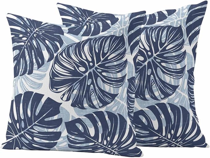Navy Blue Leaf Outdoor Pillow Covers Set of 2 Tropical Country Watercolor Jungle Botanical Leaves Waterproof Throw Pillow Cover Decorative Cushion Cases for Patio Porch Garden 16X16 Inch