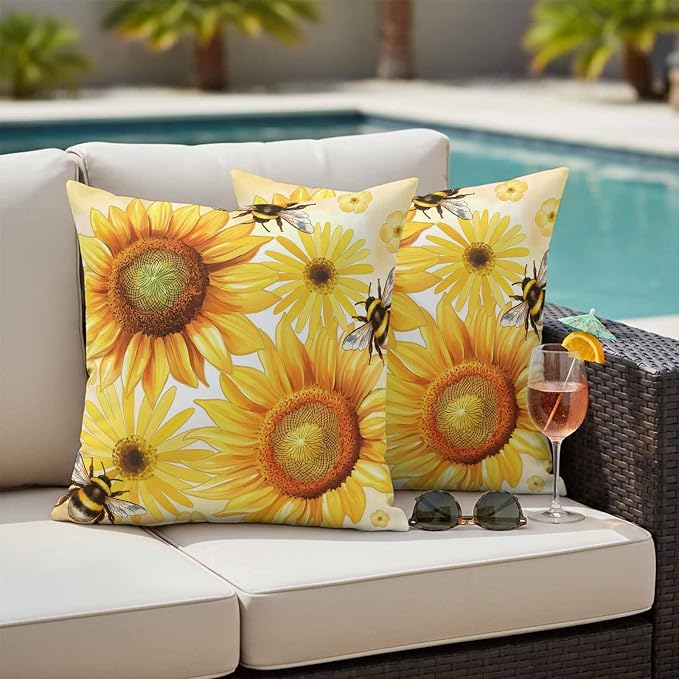 Outdoor Throw Pillow Covers,Rustic Sunflower Yellow Flower Waterproof Decorative Pillowcases Cushion Cover Spring Farmhouse Floral Bee Pillow Cases for Patio Couch Sofa Bed,16x16in Set of 2