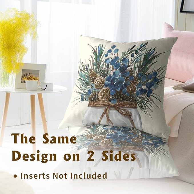 Christmas Pinecone Throw Pillow Covers 16x16 Set of 2, Pine Twigs Stems Picks Winter Decorative Pillow Cases Farmhouse Cotton Cushion Cover for Couch Sofa Bed Home Decor