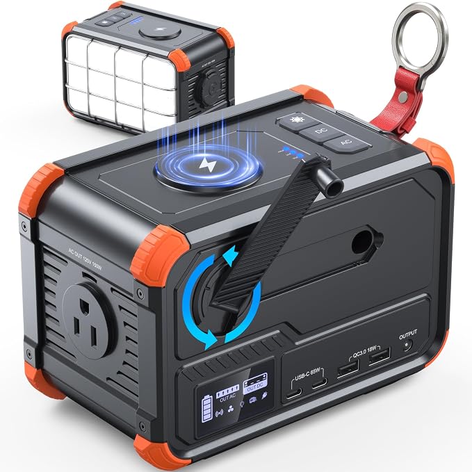 BROWEY Portable Power Station 153Wh Camping Small Solar Generator with Hand Crank 120V 150W AC Outlet Lithium Battery Power Bank, Wireless Charging Emergency Charger for Outdoor Travel Home Backup