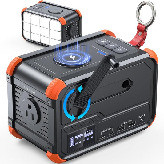 BROWEY Portable Power Station 153Wh Camping Small Solar Generator with Hand Crank 120V 150W AC Outlet Lithium Battery Power Bank, Wireless Charging Emergency Charger for Outdoor Travel Home Backup