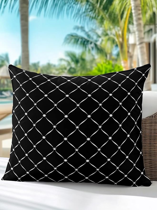 Waterproof Outdoor Pillow 1 Pack Black Grid Plaid Decorative Throw Pillows Cover & Insert 16x16 Inch Pillowcase Diagonally Crossed Lines Pillows for Couch Sofa Bed Patio Furniture Indoor Outdoor