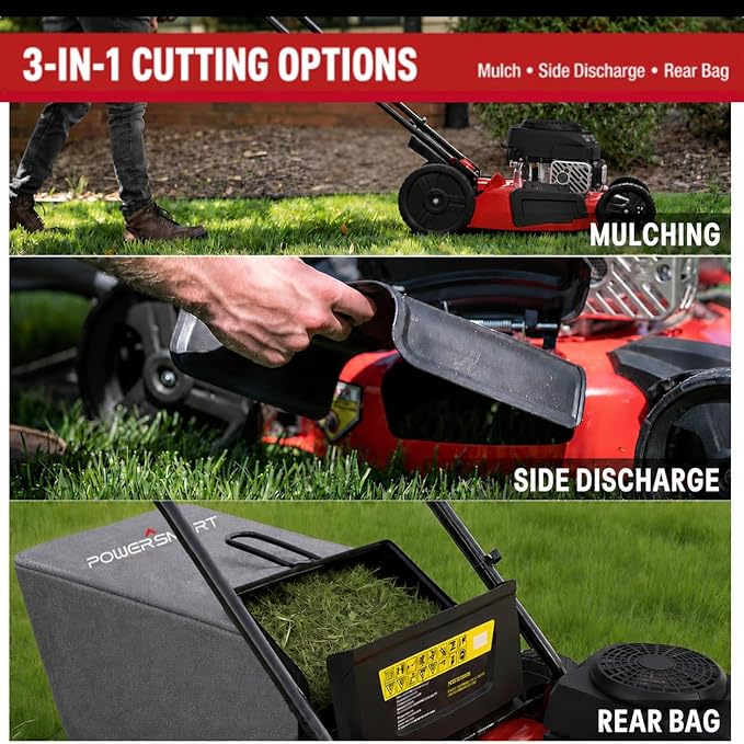 PowerSmart 21-Inch 3-in-1 Gas Self-Propelled Lawn Mower,170CC OHV Engine,Bagging/Mulching/Rear Discharging, 6 Cutting Heights, Durable Steel Deck, Rear-Wheel Drive, for Garden, Yard,