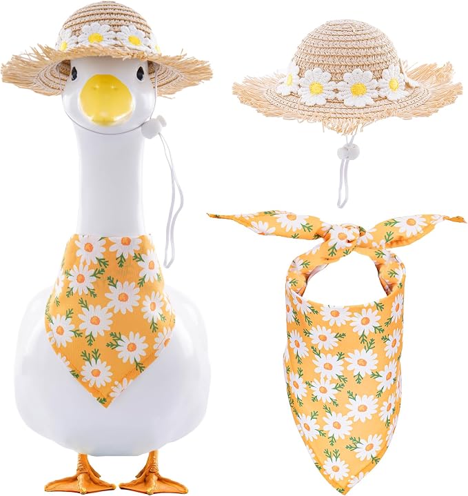 Daisy Flower Outfit for Porch Goose - 2Pcs Summer Goose Clothes with Yellow Floral Hat & Bib Accessories for 23” Cement or Plastic Gooses Statue, Garden Lawn Porch Decoration