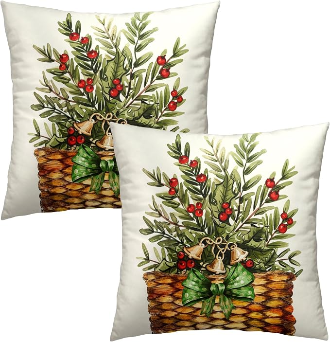 Pine Leaves Throw Pillow Covers 22x22 Inch, Set of 2 Evergreen Berry Botanical Basket Winter Holiday Decorative Cotton Square Pillowcases for Couch Bed Sofa Farmhouse Home Decor