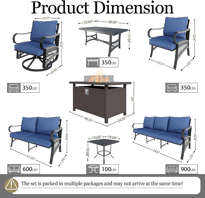 12-Piece Outdoor Furniture Set, Metal Swivel Rocking Chairs with All-Weather Cushions, Patio Conversation Set with Fire Pit Table for Deck, Porch, Garden, Backyard, Poolside (Blue Cushions)