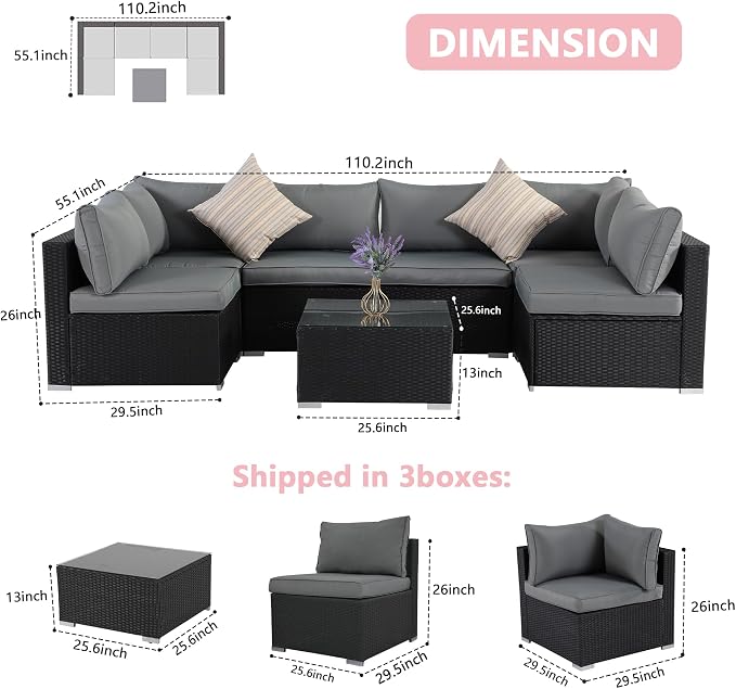 7 Pieces Black Patio Furniture Set - All-Weather Outdoor Sectional Wicker Conversation Sofa, Rattan Patio Seating Sofa Set with Grey Cushions and Glass Table for Porch Poolside, Spring 2026