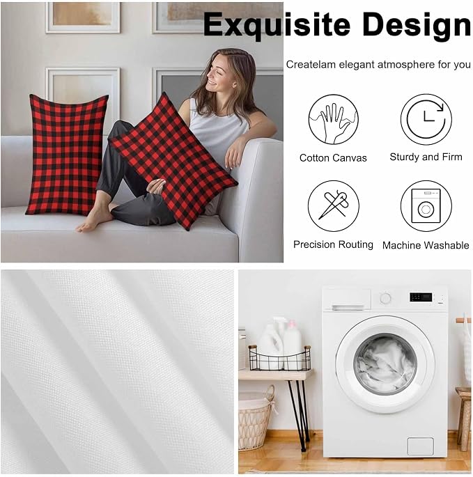 Outdoor Waterproof Throw Pillow Covers Set of 2 Red Buffalo Plaid Lumbar Pillowcases 20x12 Inches Pastoral Black Checked Decorative Pillows Cushion Case Patio Pillows for Couch Bed Chair Garden