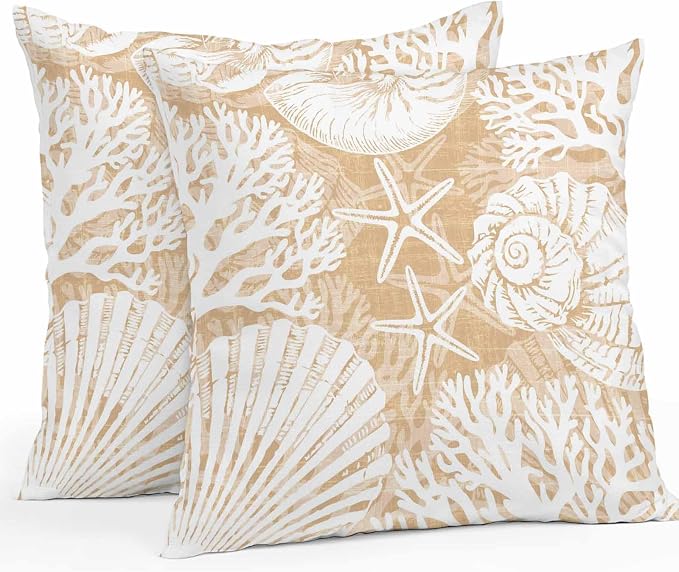 Outdoor Pillow Covers 16x16 Inch Set of 2, Light Brown Starfish Coastal Waterproof Throw Pillow Covers, Summer Coral Shell Beach Nautical Decorative Cushion Pillowcases for Couch Sofa Bed Garden Patio