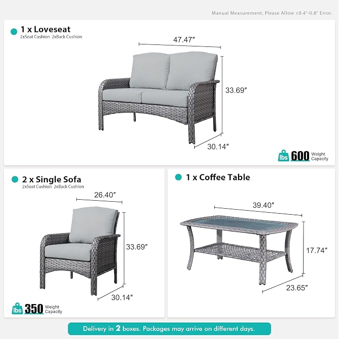 4 Pieces Wicker Patio Furniture - All-Weather PE Wicker Outdoor Conversation Bistro Set Loveseat Chairs with Table,Outdoor Rattan Sofa Chair High Back Deep Seating,Grey