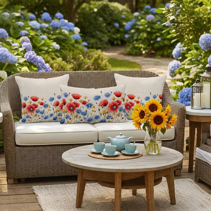 Red Flower Waterproof Outdoor Pillow Covers Set of 2 Home Decor, Blue Garden Blossom Floral Independence Day Pillowcase Patio Pillow Covers for Couch Bench Furniture Garden 20x12in