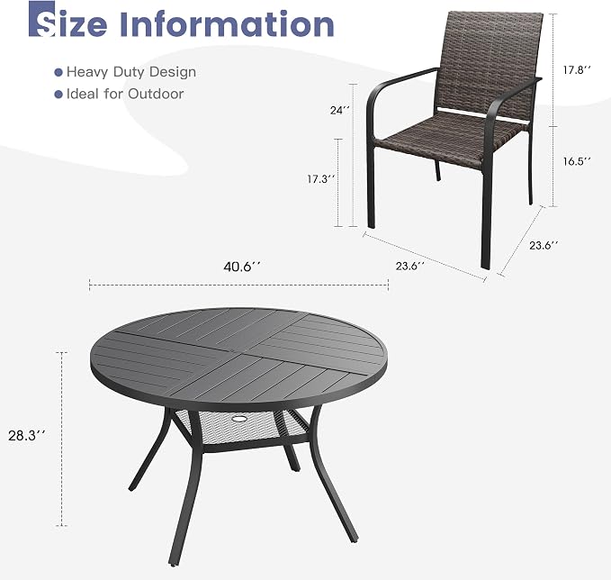 VICLLAX 5 Pieces Outdoor Dining Set, 4 Stakable Wicker Patio Chairs and 40.6" Patio Round Metal Table with Umbrella Hole for Backyard Lawn Garden, Black Tabletop