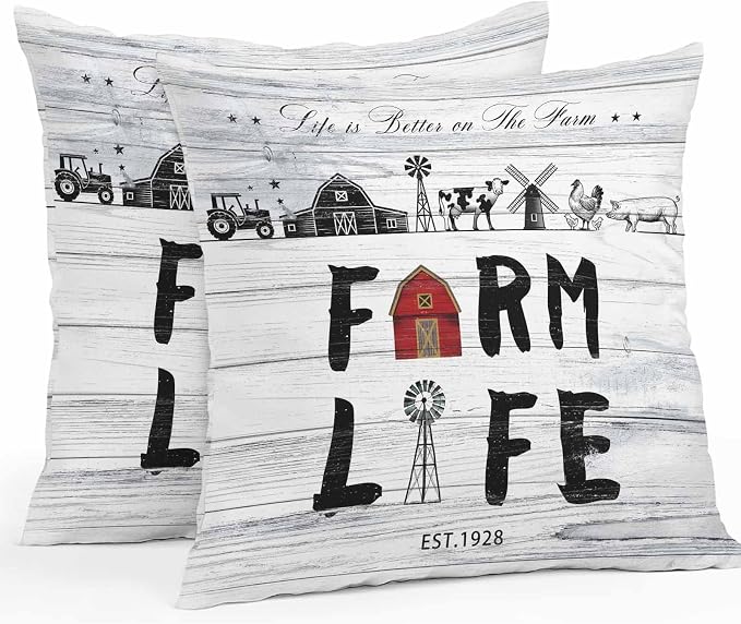 Outdoor Throw Pillows Covers 16x16 inch Set of 2 Waterproof Farm Life Decorative Zippered Cushion Covers for Patio Furniture, Farmhouse Barn Windmill Cow Chicken Tractor Wood Lumbar Pillowcases