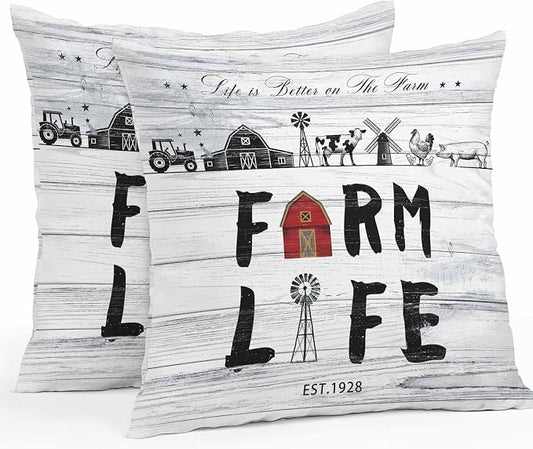 Outdoor Throw Pillows Covers 26x26 inch Set of 2 Waterproof Farm Life Decorative Zippered Cushion Covers for Patio Furniture, Farmhouse Barn Windmill Cow Chicken Tractor Wood Lumbar Pillowcases