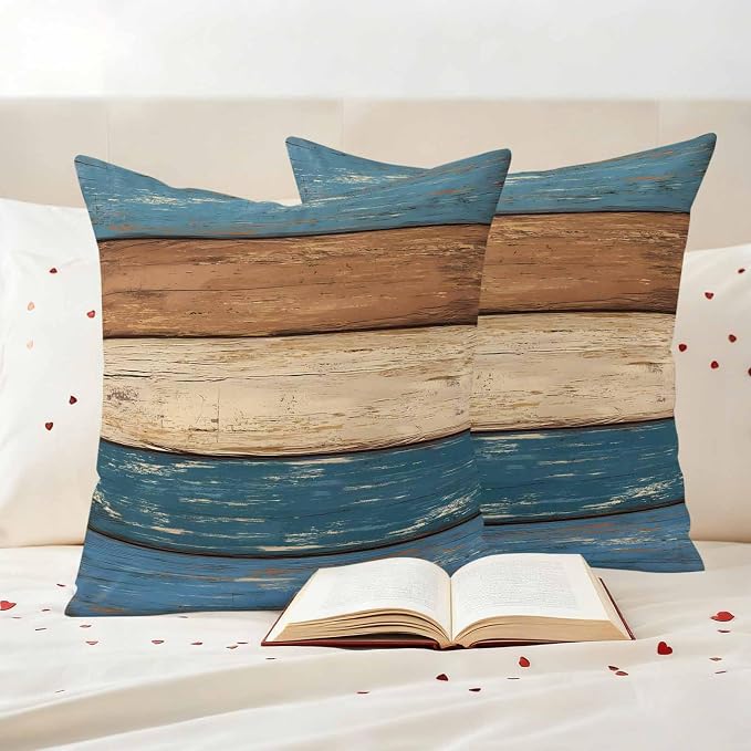 Farmhouse Navy Blue Brown Outdoor Waterproof Pillow Covers, Vintage Wooden Striped Decorative Square Throw Pillowcase Sofa Cushion Sham for Patio/Couch/Chair, 16"x16" 2 Pack