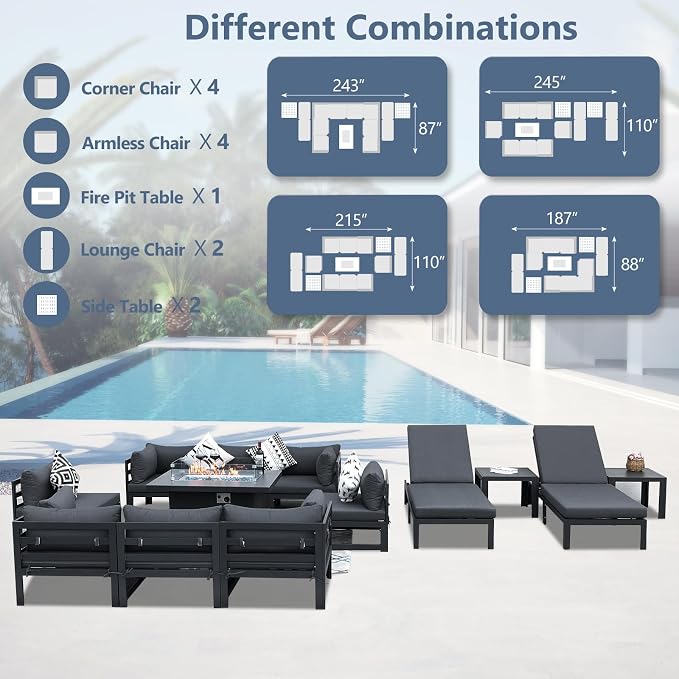 RADIATA 13 Piece Luxury Aluminum Outdoor Sectional Sofa with Chaise Lounge & Firepit, Large Modular Patio Furniture Set, 29" Deep Wide Seating, 500 lbs Heavy Duty Conversation Set for Deck, Dark Gray