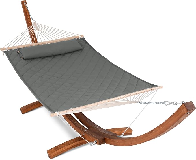 ANOW 13.5FT Curved Wood Stand with Portable Hammock, Heavy Duty Larch Wood Arc Stand with 2 Chains, 4 Balance Ropes and 4 Carabiners, Includes Gray Hammock with Spreader Bars
