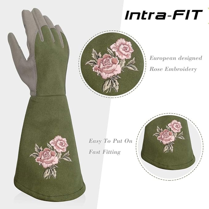 Rose Pruning Gloves with Forearm Protection, Thorn Resistant | Embroidery Design with Extra Long Cuff for Gardening and Pruning Tasks