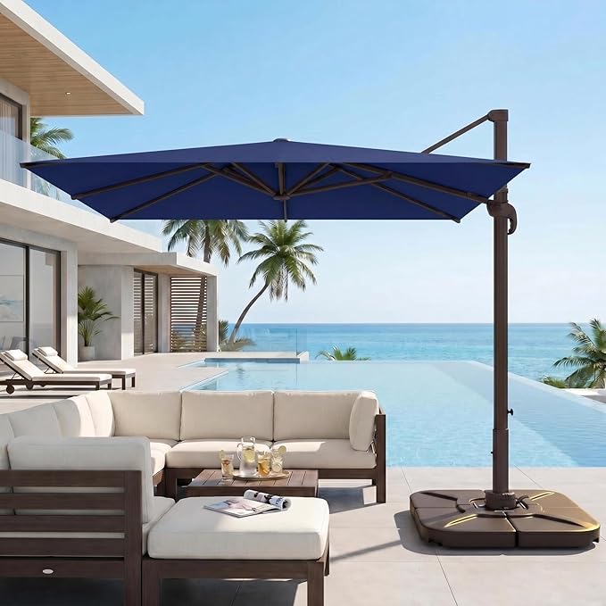 Kingdura 9' X 9' Cantilever Patio Umbrella with Base Included, Large Square Outdoor Offset Umbrella with 360-degree Rotation, 4 Position Tilt, UV Protection for Pool Deck Garden Patio (Navy blue)
