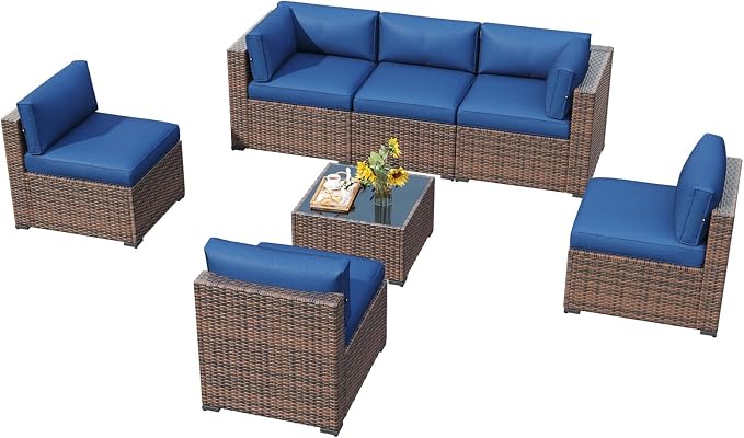 LazySunsets 7 Piece Outdoor Patio Furniture Set with Coffee Table, Outdoor Patio Furniture Sets with Thicken Cushion, Wicker Rattan Outdoor Conversation Set for Backyard & Garden, Blue