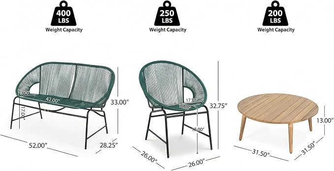 Christopher Knight Home Dessa 4 Piece Patio Furniture Set with Acacia Wood Coffee Table, 4 Seater PE Rattan Outdoor Conversation Set, Metal Outdoor Sectional Sofa Set, Beige+White, Teal
