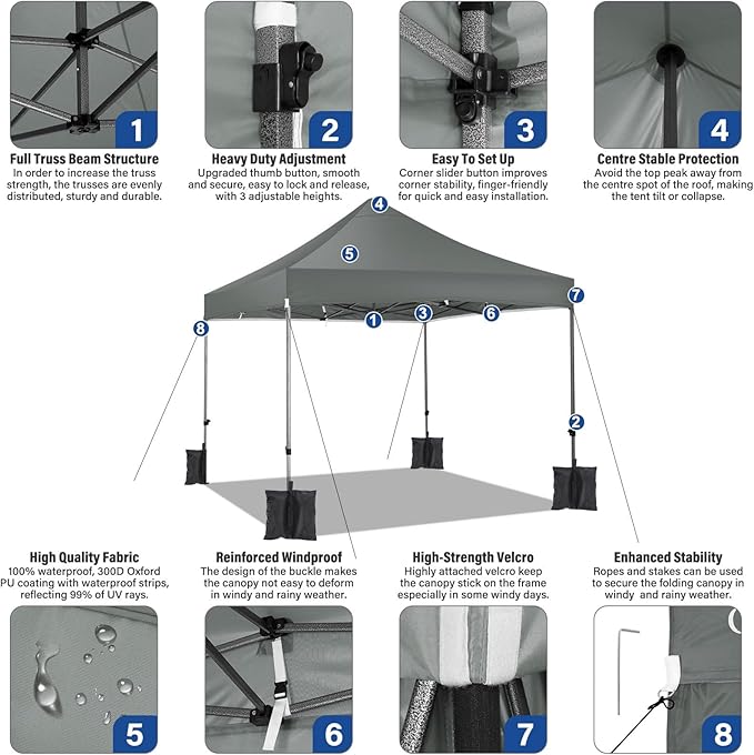 COBIZI 10x10 Pop up Canopy Tent Heavy Duty, Easy Set-up Commercial Outdoor Party Tent, 100% Waterproof Wedding Tents Gazebo, 3 Height Adjustable with Wheeled Bag, Gray