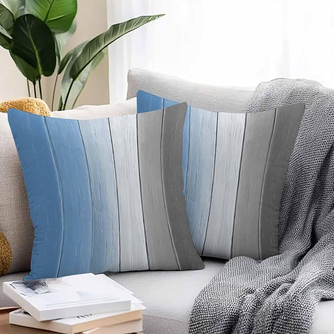 Throw Pillow Covers 24x24 Inch Set of 2, Blue Gray Ombre Waterproof Outdoor Cushion Covers, Vintage Country Wooden Decorative Pillowcases for Couch, Sofa, Bed, Garden, Patio