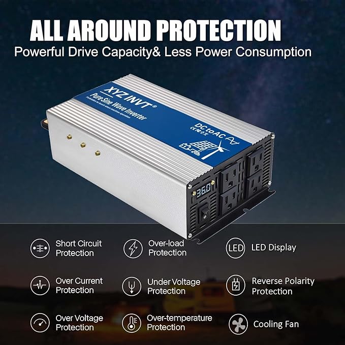 2000W Pure Sine Wave Inverter DC 48V to AC 110V 120V, 4000W Peak Power Inverter with 4 AC Outlets and LED Display for Car, Truck, Solar, Home Off Grid Over 90% Efficiency