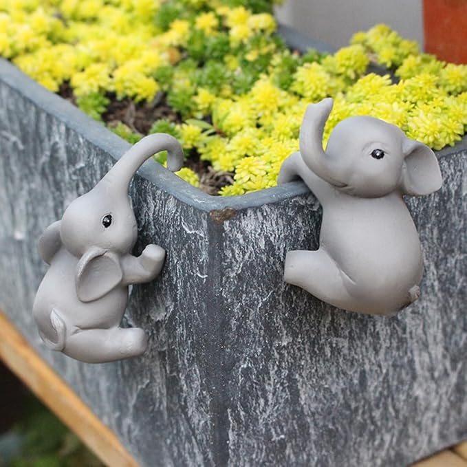 Set of 2 Cute Climbing Elephant Statues Flower Pot Hugger, Resin Hanging Animals Figurine Outdoor Planter Pot Decorations for Home Garden Patio Lawn Yard Ornaments