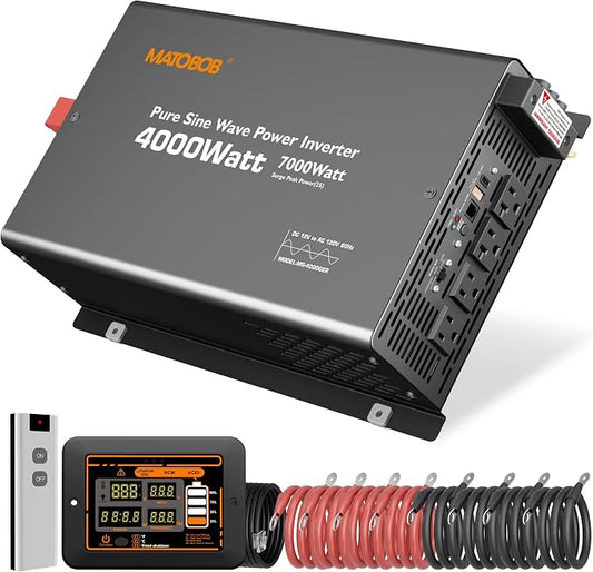 Pure Sine Wave Inverter 4000 Watt,24V DC to 120V AC Inverters,Surge 7000 Watt for RV,Truck,Solar,Home,Power Inverter with Dual Remote Control,35A Hardwire Port,4 AC Outlets, 36W USB-C, 5V 3.6A USB
