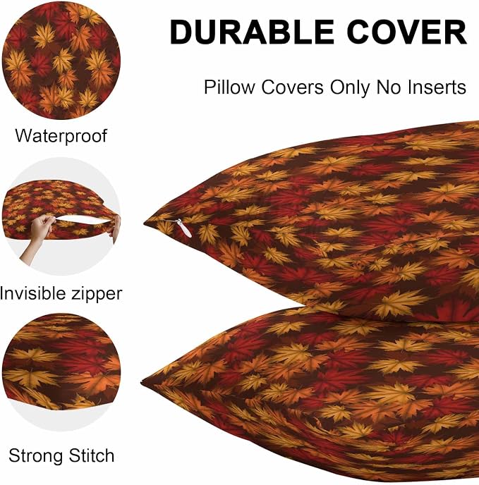 Brown Thanksgiving Outdoor Waterproof Pillow Covers, Fall Maple Leaves Farmhouse Vintage Decorative Rectangle Throw Pillowcase Sofa Cushion Sham for Patio/Couch/Chair, 20"x12" 2 Pack