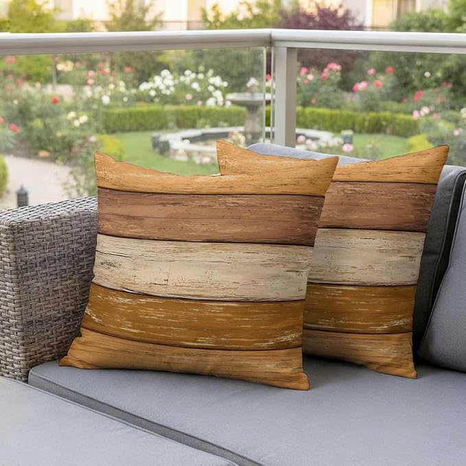 Farmhouse Yellow Brown Outdoor Waterproof Pillow Covers, Vintage Wooden Striped Decorative Square Throw Pillowcase Sofa Cushion Sham for Patio/Couch/Chair, 24"x24" 2 Pack