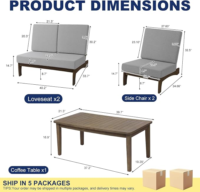 Pia Ricoo 4 Piece Patio Furniture Sets, Outdoor Loveseat Sofa Set with 2 Chairs & Coffee Table, Patio Conversation Set for Backyard, Deck, Lawn, Gray
