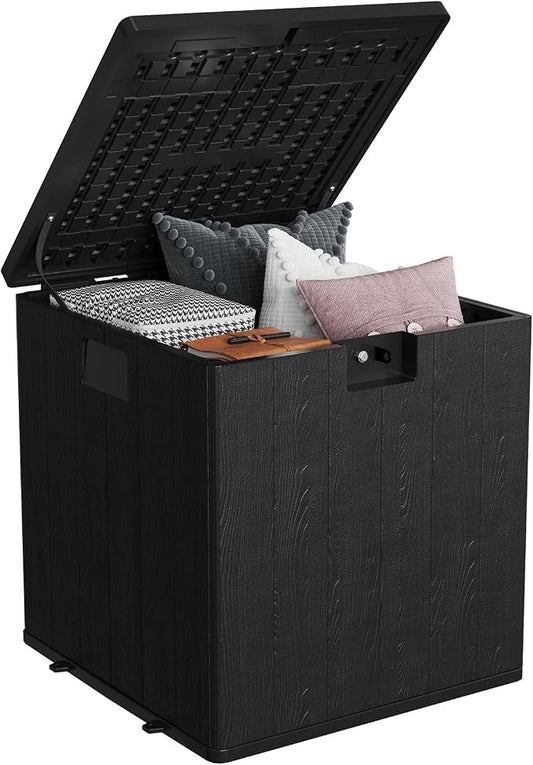 28 Gallon Outdoor Storage Box, Blow Molded Deck Box with Imitation Rattan Pattern, Heavy Duty Waterproof Resin Deck Box No Assembly Required, Lockable Patio Storage Box for Cushions Garden Tools Pool