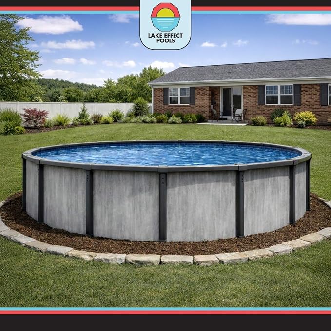 Lake Effect Pools 'Lanai' 15 ft Round Above Ground Swimming Pool | 52 Inch Resin Protected Steel Sided Walls | Bundle Includes: 25 Gauge Overlap Liner & Widemouth Skimmer
