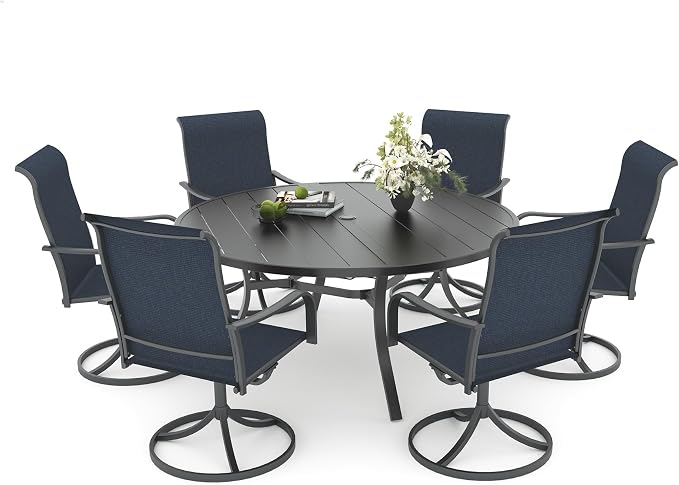 Anmutig 7-Piece Outdoor Dining Set, 54" Round Table with 6 Swivel Chairs All Weather Furniture Set for Lawn Garden, Blue