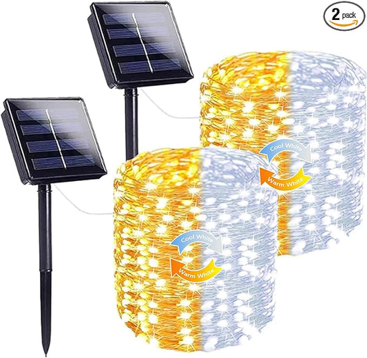Solar Fairy Lights, 2 Pack Total 400LED 144FT Warm White to Cool White | Waterproof Color Changing Solar String Lights Outdoor, Copper Wire, 8 Modes Solar Twinkle Lights for Tree Garden Yard Decor