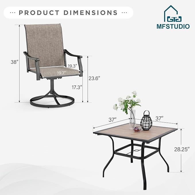 MFSTUDIO Outdoor Patio Dining Set for 4, Outdoor Patio Set with 37"x 37" Square Wood Grain Table, 4 Swivel Patio Chairs, Heavy Duty Outdoor Dining Table and Chairs for Patio Lawn Garden