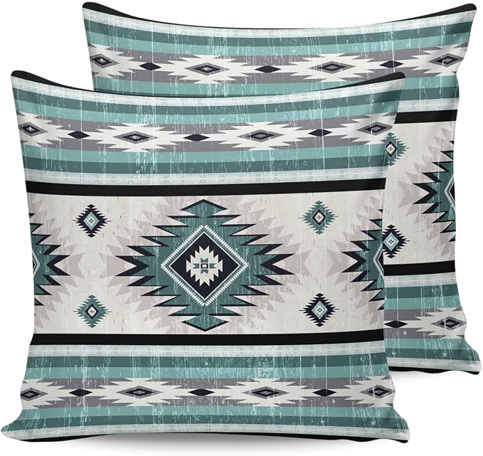 Outdoor Waterproof Throw Pillow Covers Set of 2 Turquoise Boho Aztec Pillowcases 16x16 Inches Southwest Tribal Geometric Patio Decorative Pillows Cushion Case Patio Pillows for Couch Bed Chair Garden