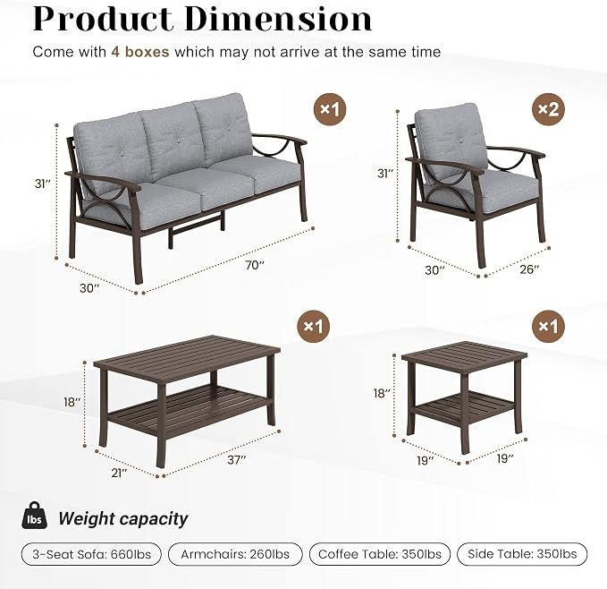 FansaFurn 5-Pieces Outdoor Patio Furniture Set, Outdoor Metal Sectional Furniture with Cushions, Outdoor Conversation Seating Set with Coffee Table for Garden, Balcony, Deck, Backyard, Grey