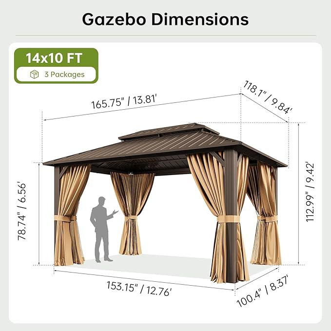 10x14FT Hardtop Gazebo, Metal Frame with Double Galvanized Steel Roof, Permanent Outdoor Pergola with Curtains and Netting Included for Backyard, Patio, Lawn and Garden, Brown