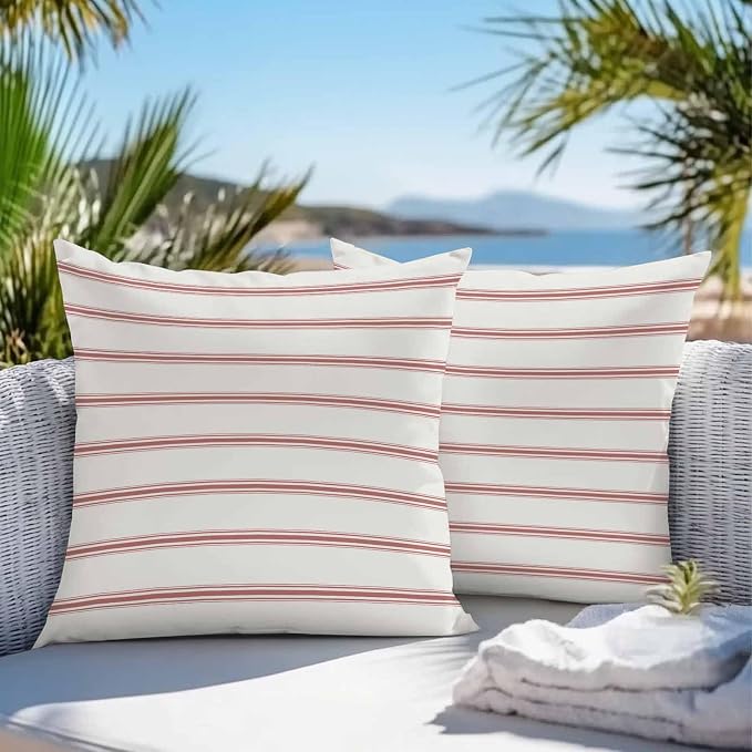 Vandarllin Outdoor Throw Pillows Covers 16x16 inch Set of 2 Waterproof Red Stripes Decorative Zippered Cushion Covers for Patio Furniture, Abstract Lines Striped Lumbar Pillowcases