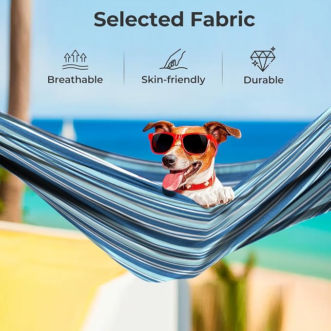 Giantex Hammock with Stand for Outside, 2-Person Double Hammock with Space Saving Metal Stand, Carrying Cases, Brazilian-Style Portable Hammock for Patio Garden Camping Lounging Outdoor & Indoor, Blue