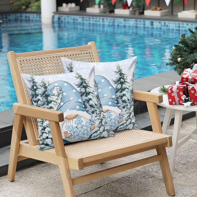 Christmas Gnome Outdoor Pillow Covers Set of 2, Xmas Blue Snowflake Decorative Waterproof Throw Pillowcase Winter Snowy Pine Forest Cotton Linen Soft Cozy Cushion Cover Pillowsham 16x16In