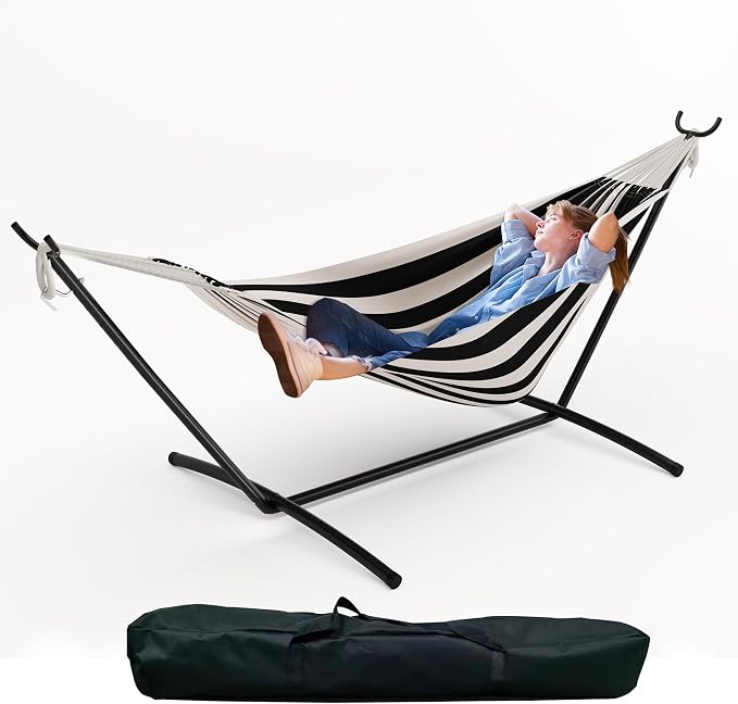 2 Person Double Hammock with Stand Foldable, 450Lbs Capacity, Double Hammocks Portable with Carrying Bag, Thick Rope, Collapsible Heavy-Duty Steel Stand for Indoor & Outdoor, Weatherproof